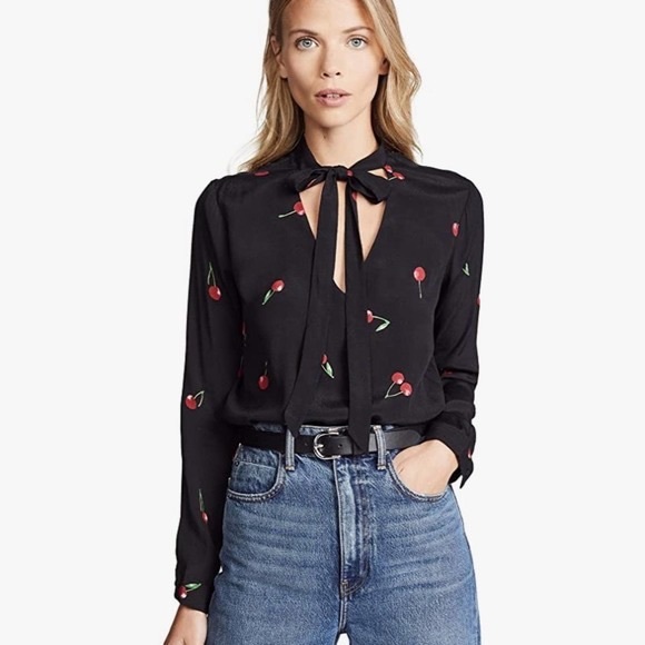Rails Rhea Cerise Tie Neck Cherry Print Blouse Size M - Picture 1 of 9